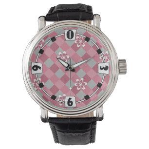 Grey and pink plaid with chamomile flowers watch