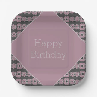 Grey And Pink Plum Floral Square Paper Plate