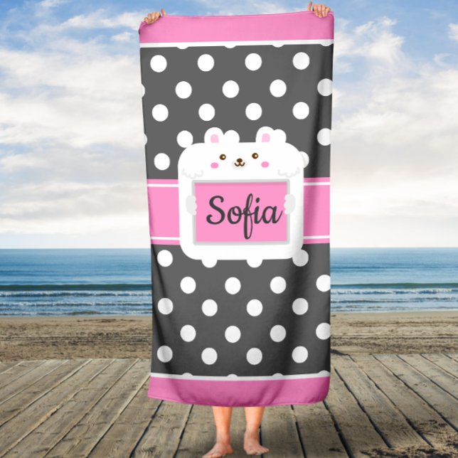 Grey and Pink polka Dots Kitty Kids Custom Towel (Creator Uploaded)
