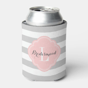 Grey and Pink Preppy Stripes Monogram Can Cooler