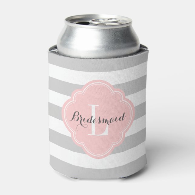 Grey and Pink Preppy Stripes Monogram Can Cooler (Can Front)