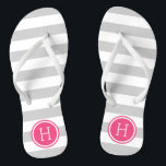 Grey and Pink Preppy Stripes Monogram Flip Flops<br><div class="desc">Custom printed flip flop sandals with a preppy nautical stripe pattern and your custom monogram or other text in a circle frame. Click Customize It to change text fonts and colours or add your own images to create a unique one of a kind design!</div>