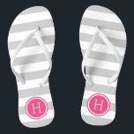 Grey and Pink Preppy Stripes Monogram Flip Flops<br><div class="desc">Custom printed flip flop sandals with a preppy nautical stripe pattern and your custom monogram or other text in a circle frame. Click Customize It to change text fonts and colours or add your own images to create a unique one of a kind design!</div>