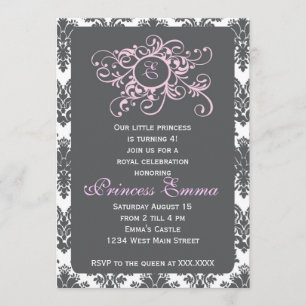 Grey and Pink Princess Damask Invitation