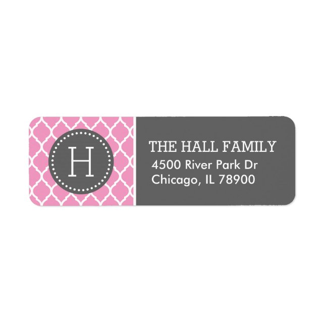 Grey and Pink Quatrefoil Monogram Return Address (Front)