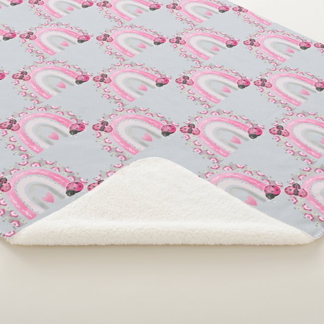Grey and Pink Rainbows and Ladybugs Baby Sherpa Blanket (3/4)