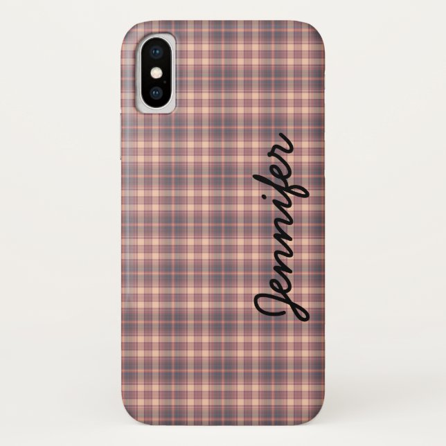 Grey and Pink Retro Plaid, Personalized Name,  Case-Mate iPhone Case (Back)