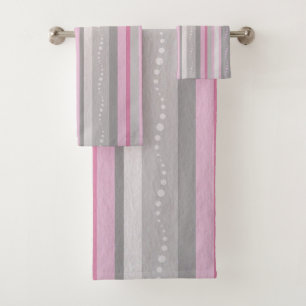 Grey And Pink Stripes Bath Towel Set