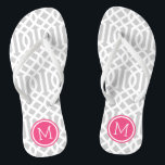 Grey and Pink Trellis Monogram Flip Flops<br><div class="desc">Custom printed flip flop sandals with a stylish modern trellis pattern and your custom monogram or other text in a circle frame. Click Customize It to change text fonts and colours or add your own images to create a unique one of a kind design!</div>