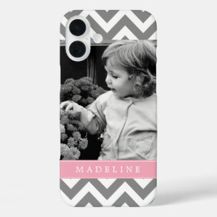 Grey and Pink Zigzags Personalized Photo iPhone 16 Plus Case