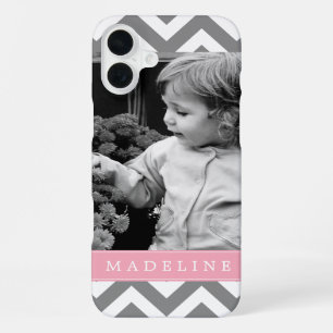 Grey and Pink Zigzags Personalized Photo iPhone 16 Plus Case