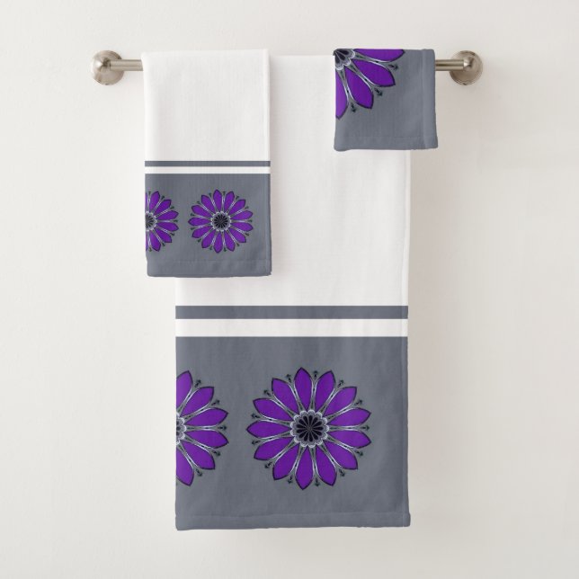 Grey and Purple Abstract Flower Bath Towel Set (Insitu)