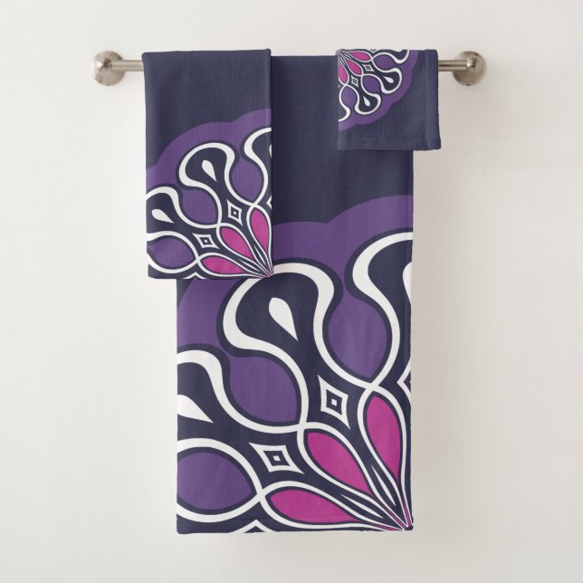 Grey and Purple Abstract Modern Mandala Bath Towel Set (Insitu)