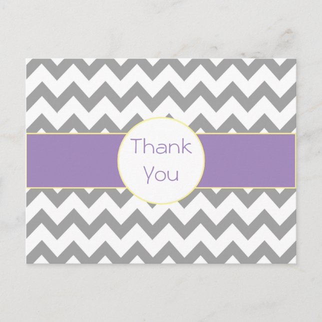 Grey and Purple Chevron Striped Thank You Postcard (Front)