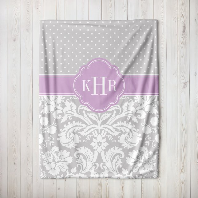 Grey and Purple Damask Polka Dots Monogram Fleece Blanket (Creator Uploaded)