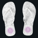 Grey and Purple Floral Damask Monogram Flip Flops<br><div class="desc">Custom printed flip flop sandals with a stylish elegant floral damask pattern and your custom monogram or other text in a circle frame. Click Customize It to change text fonts and colours or add your own images to create a unique one of a kind design!</div>