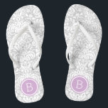 Grey and Purple Floral Damask Monogram Flip Flops<br><div class="desc">Custom printed flip flop sandals with a stylish elegant floral damask pattern and your custom monogram or other text in a circle frame. Click Customize It to change text fonts and colours or add your own images to create a unique one of a kind design!</div>