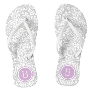 Grey and Purple Floral Damask Monogram Flip Flops