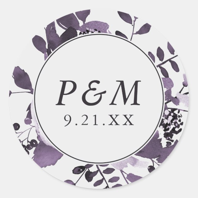 Grey and Purple Floral Save the Date or Wedding Classic Round Sticker (Front)