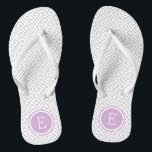 Grey and Purple Greek Key Monogram Flip Flops<br><div class="desc">Custom printed flip flop sandals with a stylish modern Greek key pattern and your custom monogram or other text in a circle frame. Click Customize It to change text fonts and colours or add your own images to create a unique one of a kind design!</div>