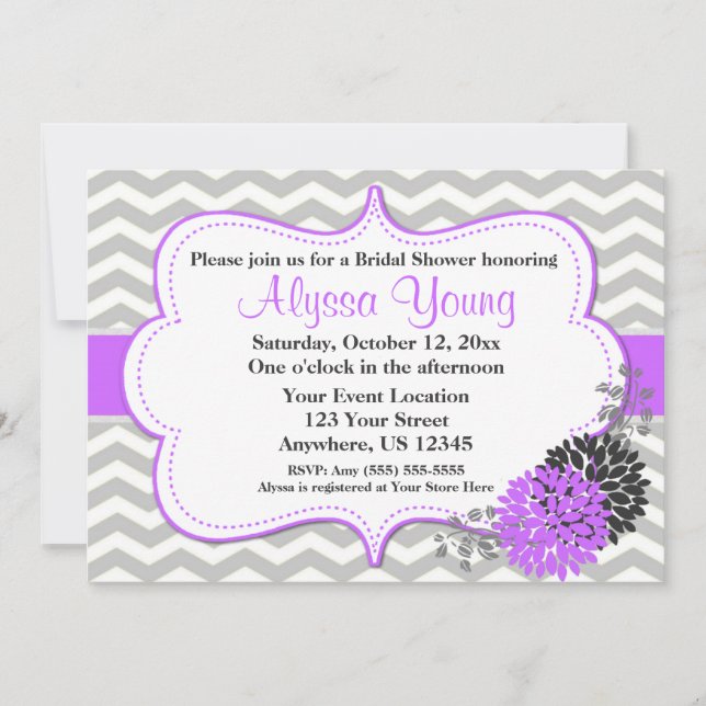 Grey and Purple Lilac Chevron Invitation (Front)