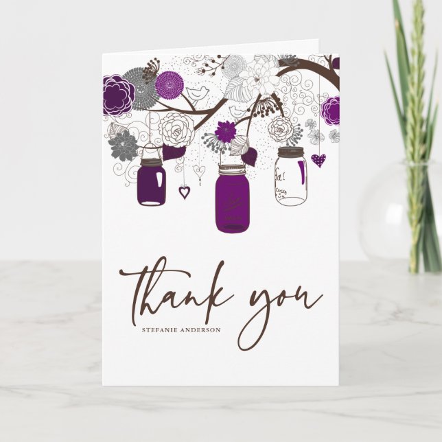 Grey and Purple Mason Jars Wedding Thank You Card (Front)
