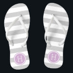 Grey and Purple Preppy Stripes Monogram Flip Flops<br><div class="desc">Custom printed flip flop sandals with a preppy nautical stripe pattern and your custom monogram or other text in a circle frame. Click Customize It to change text fonts and colours or add your own images to create a unique one of a kind design!</div>