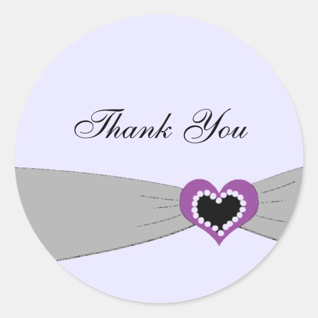 Grey and Purple Ribbon Thank You Classic Round Sticker (Front)