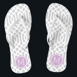 Grey and Purple Trellis Monogram Flip Flops<br><div class="desc">Custom printed flip flop sandals with a stylish modern trellis pattern and your custom monogram or other text in a circle frame. Click Customize It to change text fonts and colours or add your own images to create a unique one of a kind design!</div>