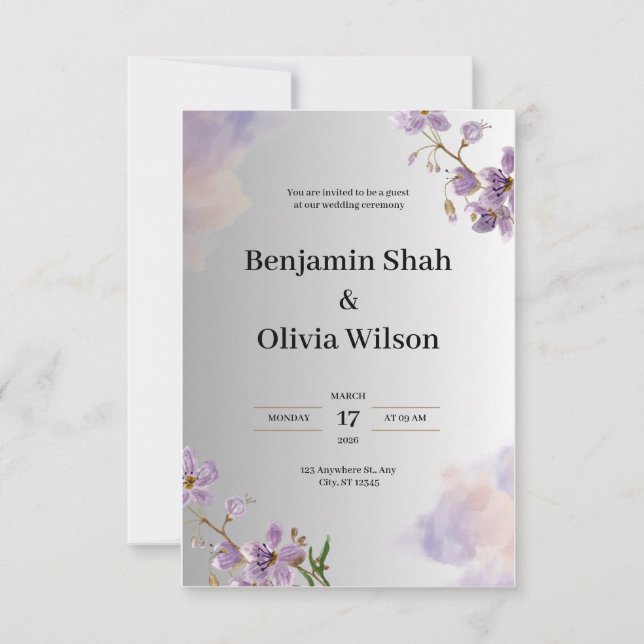 Grey and Purple Wedding Invitation (Front)
