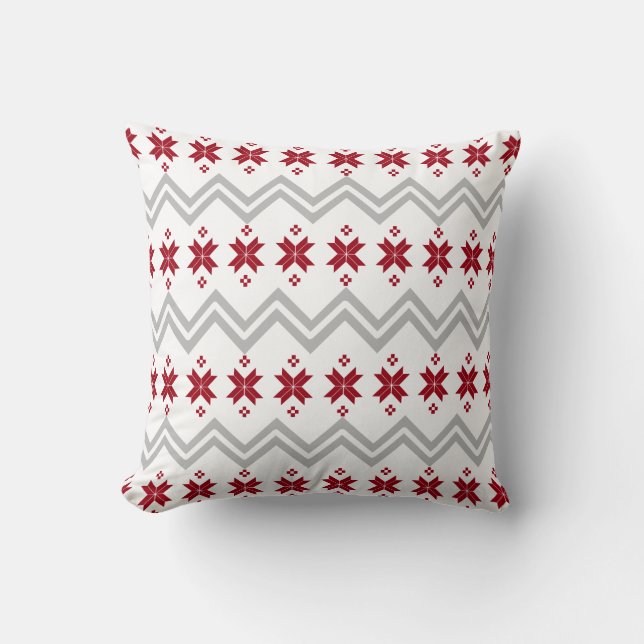 Grey and Red Alpine Pattern Pillow (Front)