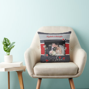 Grey and red anniversary with photo throw pillow