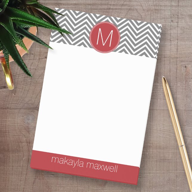 Grey and Red Chevrons with Custom Monogram Post-it Notes (Custom Post-it Note Pads - Add your name and other text)