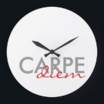 Grey and Red Custom Latin Quotes Carpe Diem Large Clock<br><div class="desc">Grey and red personalized text latin sayings Carpe Diem wall clocks. Written text round wall clock design, by red_dress, featuring the grey and red latin words "Carpe diem" against a white background. Easily customize Carpe Diem wall clocks with your favourite colours and fonts. Click the orange "Customize it!" button to...</div>
