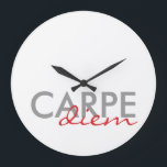 Grey and Red Custom Latin Quotes Carpe Diem Large Clock<br><div class="desc">Grey and red personalized text latin sayings Carpe Diem wall clocks. Written text round wall clock design, by red_dress, featuring the grey and red latin words "Carpe diem" against a white background. Easily customize Carpe Diem wall clocks with your favourite colours and fonts. Click the orange "Customize it!" button to...</div>