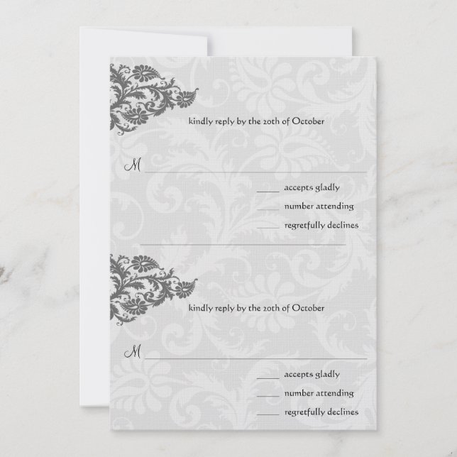 Grey and Red Damask Swirl RSVP Postcard (Front)