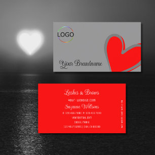 Grey and Red Gorgeous Heart Modern with Logo Cute Business Card