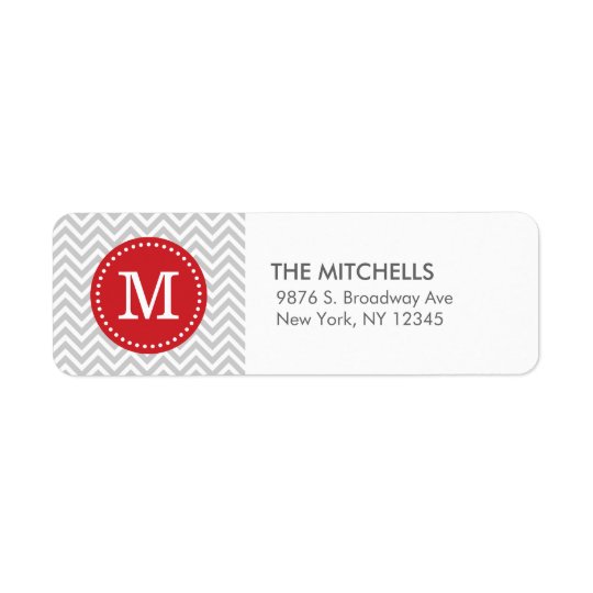 Grey and Red Modern Chevron Custom Monogram Return Address Label