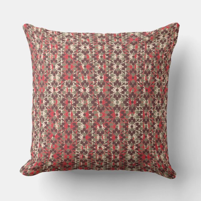 Grey and Red Patterned Flowers Outdoor Pillow (Front)