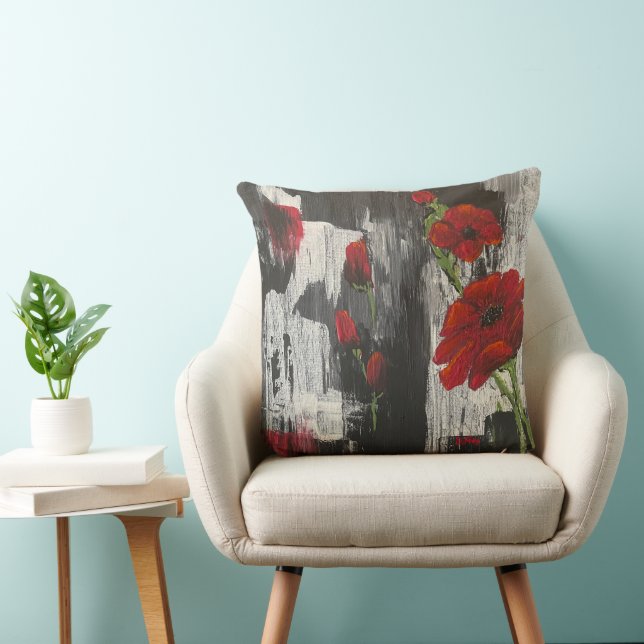 Grey and Red Poppy Rose Throw Pillow (Chair)