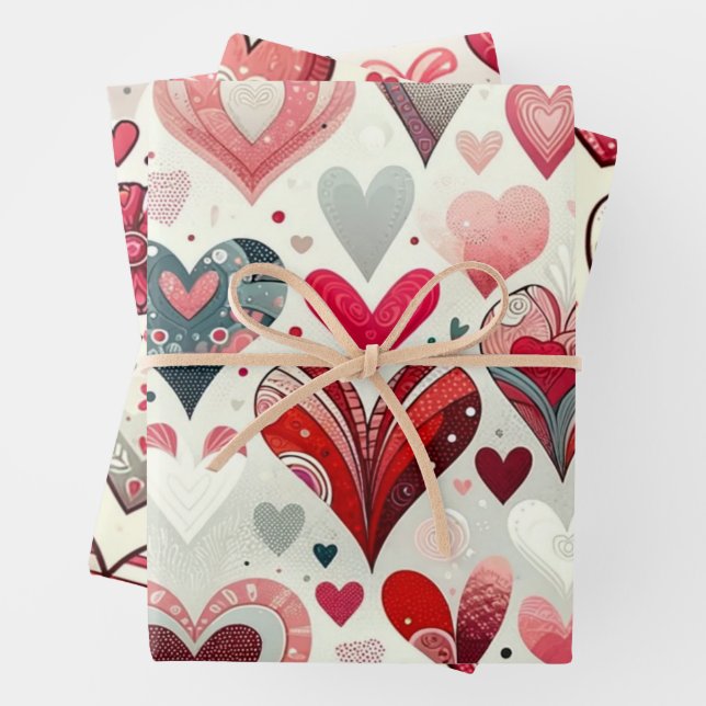 Grey and Red Whimsical Artsy Fancy Valentine's Day Wrapping Paper Sheet (In situ)