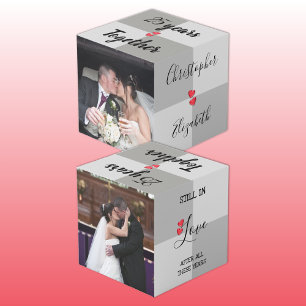 Grey and red with names and photo anniversary cube