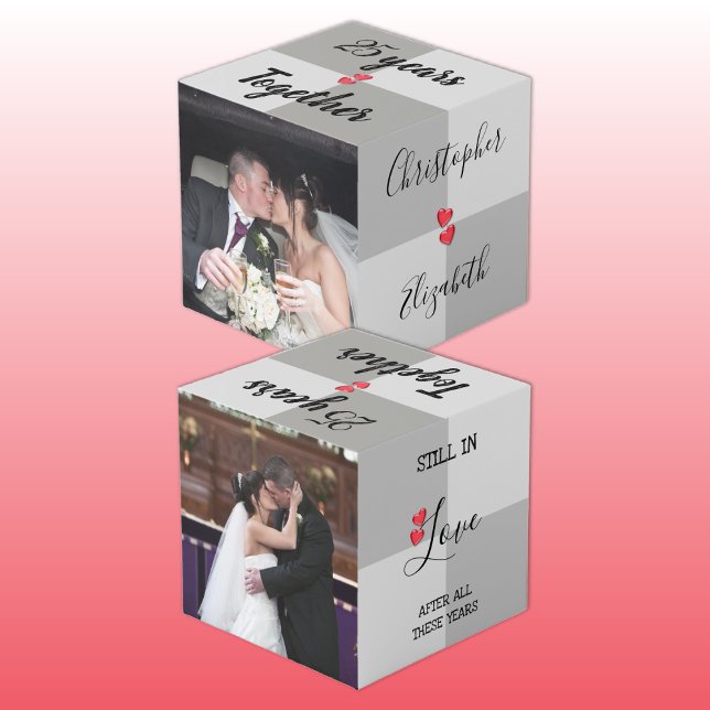 Grey and red with names and photo anniversary cube (Creator Uploaded)