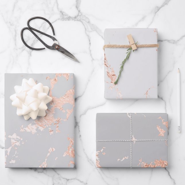 Grey and Rose Gold Marble Look Wrapping Paper Sheet (Front)