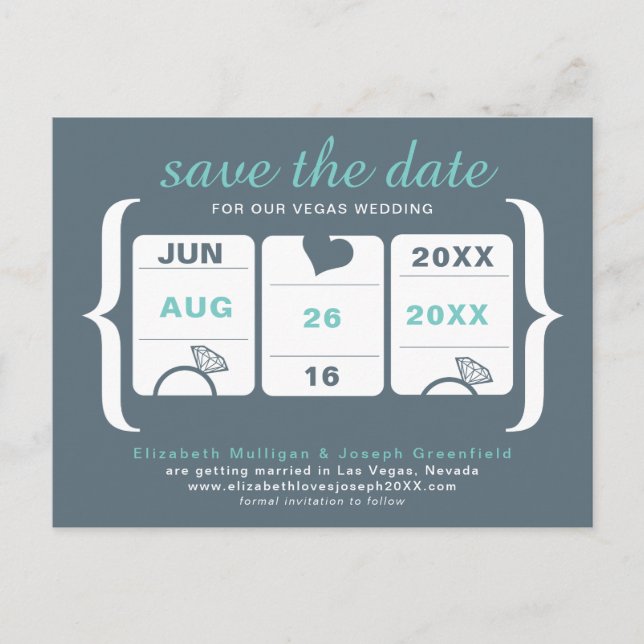 Grey and Seafoam Green Slot Machine Save the Date Announcement Postcard (Front)