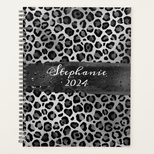 Grey and Silver Foil Leopard Brush Stroke Planner (Front)