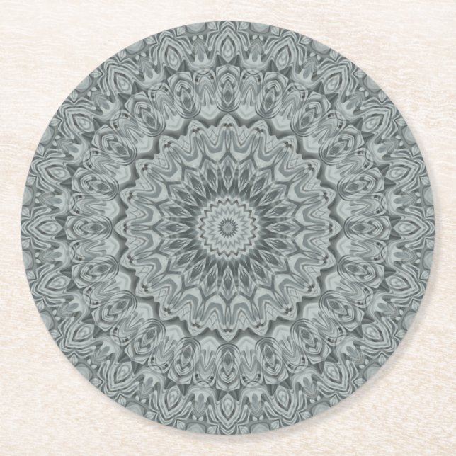 Grey and Silver Mandala Pattern Design Round Paper Coaster (Front)