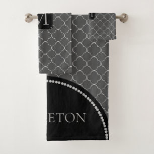 Grey and Silver Quatrefoil - Monogram Bath Towel Set