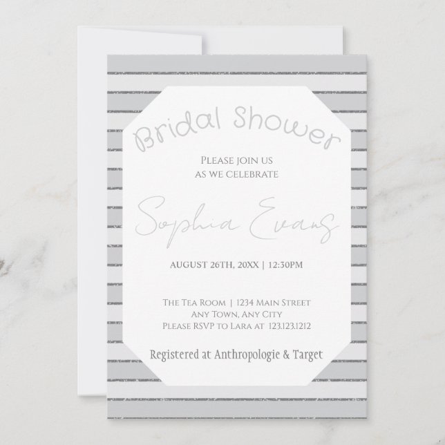 Grey and Silver Striped Bridal Shower Invitation (Front)