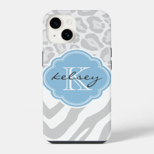 Grey and Sky Blue Animal Print Monogram iPhone 14 Case